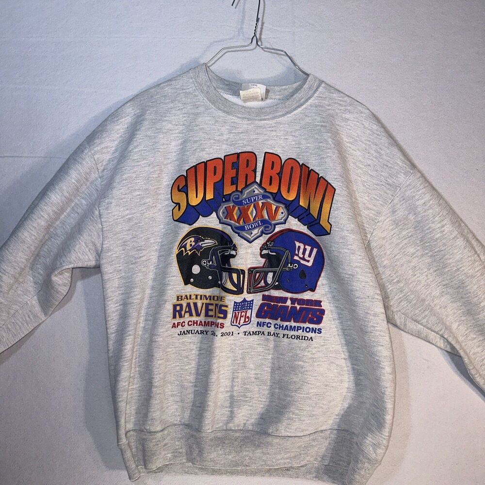 2001 Super Bowl XXXL Pullover Sweatshirt Baltimore Ravens New York Giants VTG XL